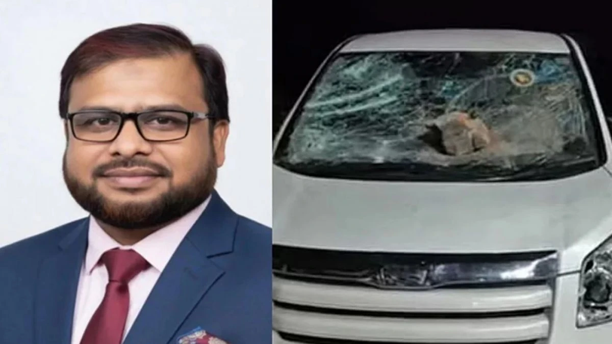 মাসুম মোস্তফা এবং তার ভাঙচুর হওয়া গাড়ি। কোলাজ ছবি: সংগৃহীত