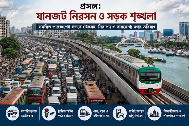 ঢাকার ব্যস্ত রাস্তায় যানজট ও মেট্রোরেল লাইনের দৃশ্য। ছবি: এ আই