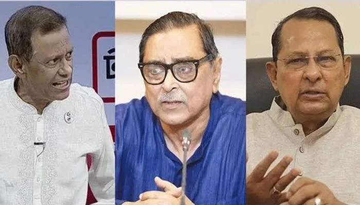 ডান দিক থেকে সাবেক মন্ত্রী হাসানুল হক ইনু, রাশেদ খান মেনন এবং সাবেক বিচারপতি এএইচএম শামসুদ্দিন চৌধুরী মানিক। ফাইল ছবি