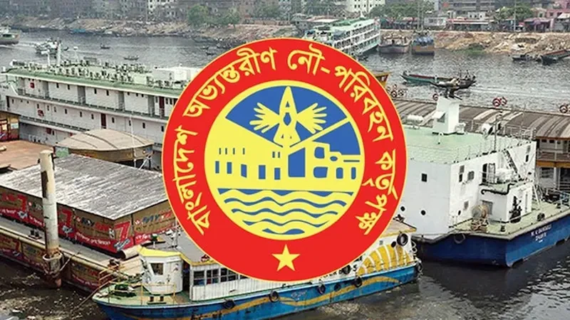 বিআইডব্লিউটিএ লোগো ও নদিতে বানিজ্য ট্রলারের দৃশ্য। গ্রাফিক্স: সংগৃহীত
